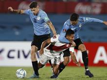 Perus Edison Flores (M) kämpft mit Uruguays Rodrigo Bentancur (r) und Federico Valverde um den Ball