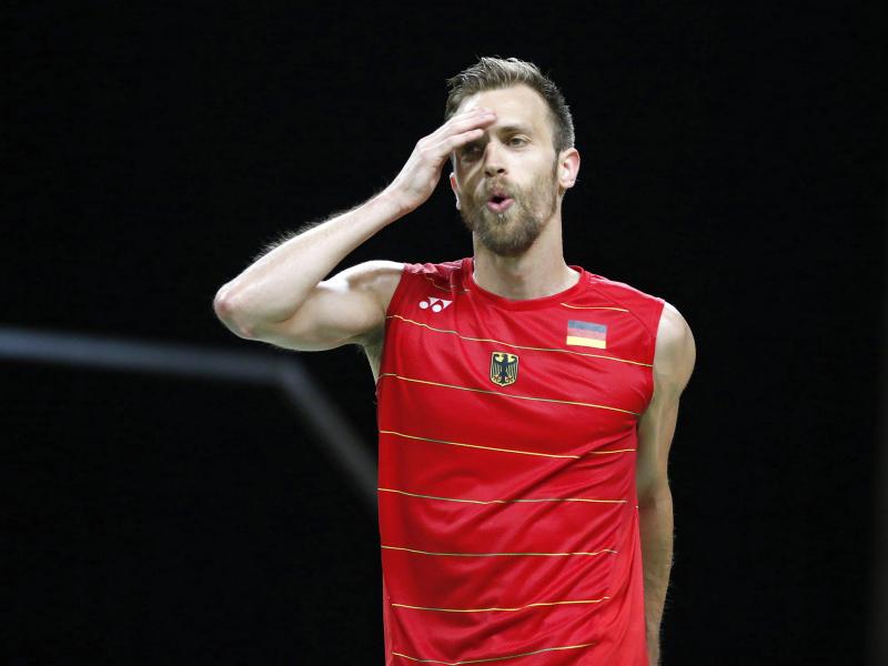 Marc Zwiebler bei seinem ersten Spiel der WM in Glasgow auf Björn Seguin aus den USA Marc Zwiebler bei seinem ersten Spiel der WM in Glasgow auf Björn Seguin aus den USA