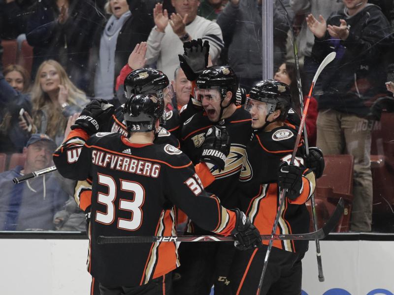 Korbinian Holzer feiert mit seinen Teamkollegen ein Tor für die Anaheim Ducks Korbinian Holzer feiert mit seinen Teamkollegen ein Tor für die Anaheim Ducks