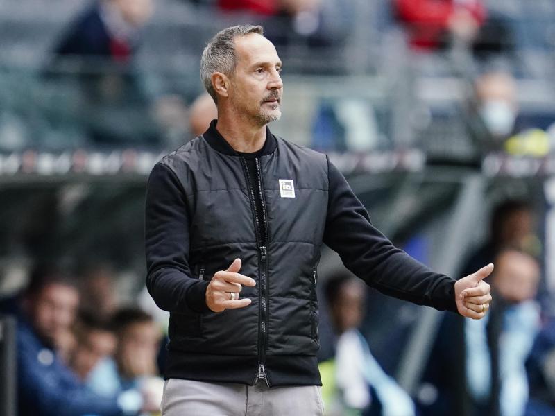 Frankfurts Trainer Adi Hütter gestikuliert an der Seitenlinie während eines Spieles