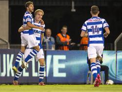 De Graafschap viert de 3-0 van Vincent Vermeij (m.) tijdens De Graafschap - Almere City. (16-8-2014)