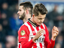 Marco van Ginkel baalt na het missen van een grote kans tijdens het competitieduel PSV - ADO Den Haag. (27-02-2016)