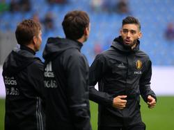 Yannick Ferreira-Carrasco is bezig met de hersteltrainers van België in de voorbereiding op de vriendschappelijke interland tegen Finland. Carrasco is niet volledig fit. (31-05-2016)