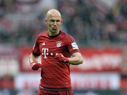 Arjen Robben trekt een 'gekke bek' tijdens het competitieduel Bayern München - SV Darmstadt 98. (20-02-2016)