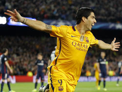 Suarez juicht nadat hij heeft gescoord tegen Atlético Madrid in de Champions League. De aanvaller was met twee treffers de gevierde man. (5.4.2016)