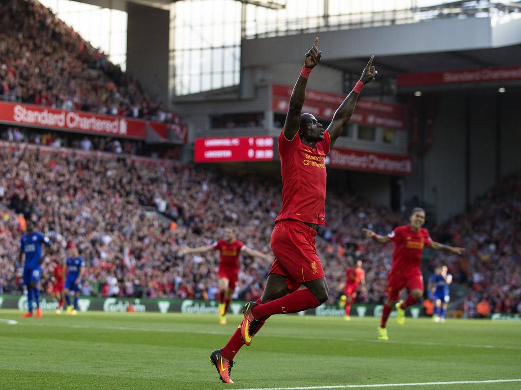 Sadio Mané kan juichen tijdens het competitieduel Liverpool - Leicester City (10-09-2016).