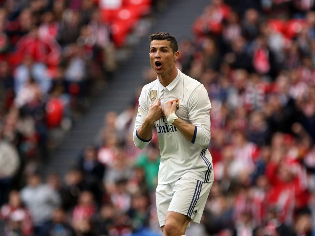 Verbazing bij Cristiano Ronaldo tijdens het competitieduel Athletic Bilbao - Real Madrid (18-03-2017).