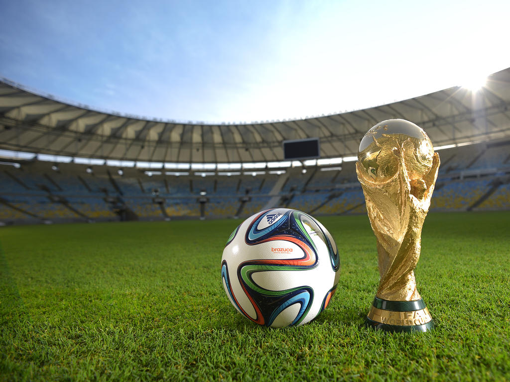Trophäe und Ball der FIFA WM 2014 in Brasilien.