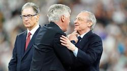 Real-Präsident Florentino Pérez (r) lobte unter anderem Trainer Carlo Ancelotti (M.) nach dem Champions-League-Sieg überschwänglich
