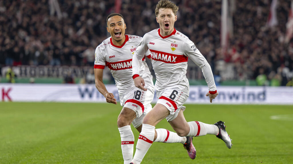 Angelo Stiller jubelte mit dem VfB Stuttgart zuletzt im DFB-Pokal Angelo Stiller jubelte mit dem VfB Stuttgart zuletzt im DFB-Pokal