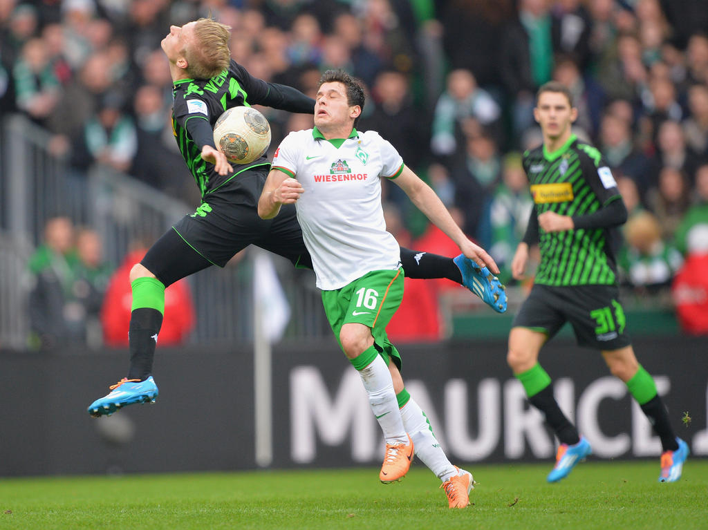 Werder Bremens Zlatko Junuzovic geht am 21. Bundesligaspieltag mit vollem Einsatz in den Zweikampf mit Borussia Mönchengladbachs Oscar Wendt (15.2.2014).