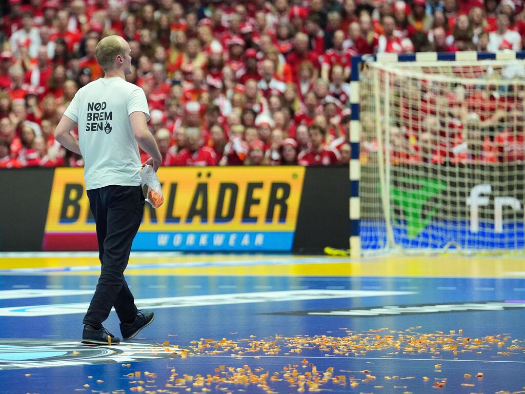 Ein mutmaßlicher Klimaaktivist verstreut Papierschnipsel beim WM-Spiel zwischen Dänemark und Tschechien