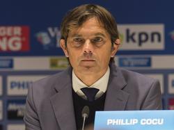 PSV-trainer Phillip Cocu staat de pers te woord na afloop van het competitieduel PSV - FC Utrecht. (08-11-2015)