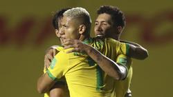 Fußball: WM-Qualifikation, Brasilien - Venezuela. Brasiliens Roberto Firmino (r.) jubelt mit seinen Mannschaftskollegen über sein Tor