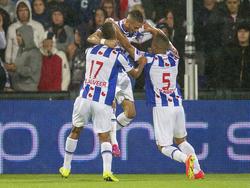 sc Heerenveen viert de 0-1 van Hakim Ziyech (m.) tijdens Feyenoord - sc Heerenveen. (15-8-2014)