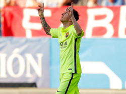 Lionel Messi kijkt naar de hemel na zijn treffer tegen Atlético Madrid. De Argentijn maakt de 0-1. (17-05-2015)