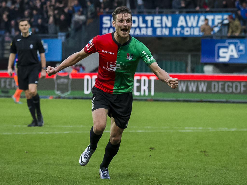 Christian Santos kan juichen tijdens het competitieduel NEC Nijmegen - Feyenoord. (20-12-2015)