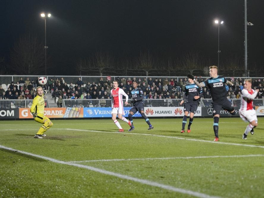 Na een uur spelen valt de eerste goal in de mini-topper tussen Jong Ajax en Jong PSV. Kaj Sierhuis (r.) verschalkt Hidde Jurjus (l.) met een kopbal. (09-12-2016)