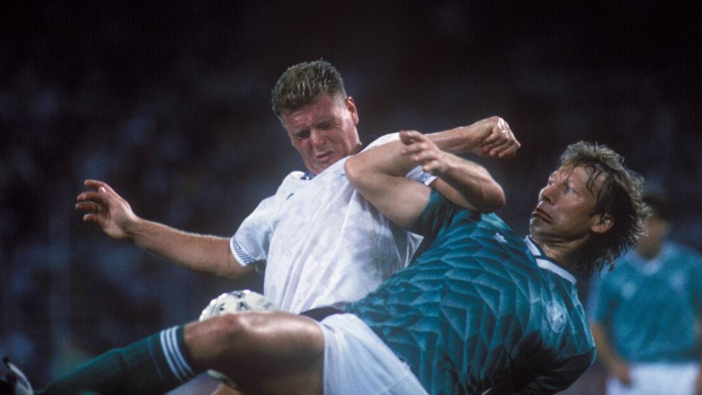 Paul Gascoigne tackles Guido Buchwald Paul Gascoigne tackles Guido Buchwald