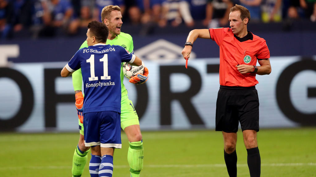 Schiedsrichter Sascha Stegemann (r.) zeigt Schalkes Jewgeni Konopljanka (l.) die Rote Karte