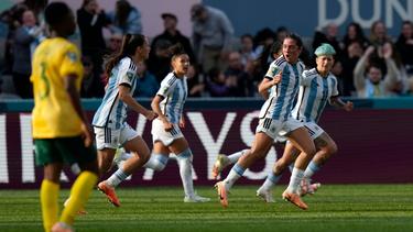 Argentina players celebrate after Romina Nunez scored their equaliser against South Africa in Dunedin