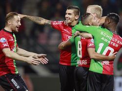 De spelers van NEC Nijmegen vieren het doelpunt van Gregor Breinburg tijdens het bekerduel met Sparta Rotterdam. (29-10-2015)