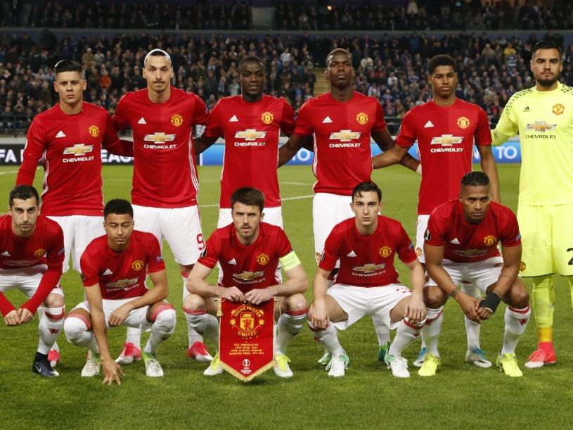 De spelers van Manchester United voorafgaand aan het duel met RSC Anderlecht. (13-04-2017)