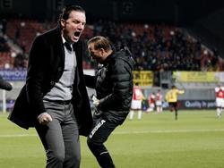 Stijn Vreven (l.) in extase na de late gelijkmaker van NAC Breda in het duel met MVV. (27-01-2017)