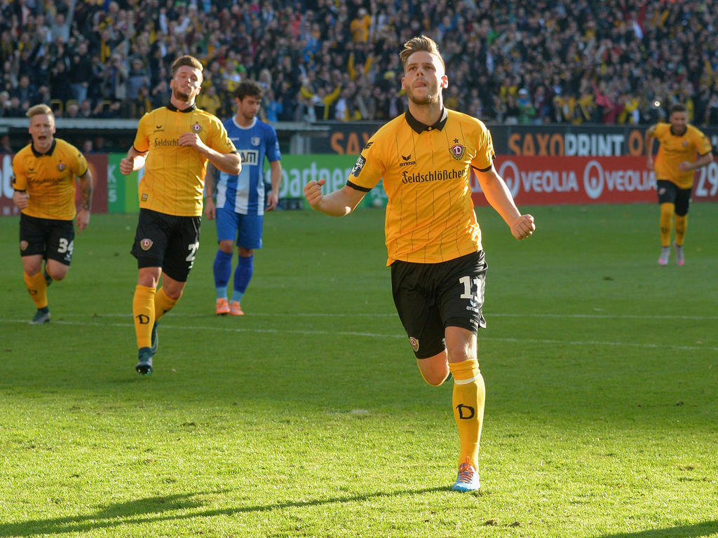 Dynamo Dresdens Justin Eilers bejubelt einen Treffer