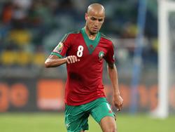 Karim El Ahmadi in actie voor zijn land op de Afrika Cup. Marokko komt in de groepsfase uit tegen Kaapverdië. (23-01-2013)