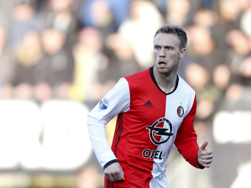 Nicolai Jørgensen is gefocust tijdens het competitieduel ADO Den Haag- Feyenoord (19-02-2017).