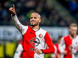 Karim El Ahmadi kan na een uur spelen tegen ADO Den Haag lachen. De Marokkaan schiet Feyenoord op een 0-1 voorsprong. (19-02-2017)