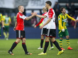 Khalid Boulahrouz (r.) en Jordy Clasie (l.) van Feyenoord hebben met 2-1 gewonnen van ADO Den Haag. (01-02-2015)