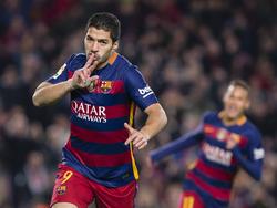 Luis Suárez kan juichen tijdens het competitieduel FC Barcelona - Athletic Bilbao. (17-01-2016)