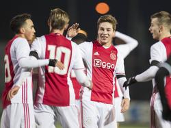 Jong Ajax viert het doelpunt van Noussair Mazraoui tegen MVV. (14-02-2017)