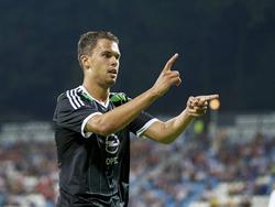 Mitchell te Vrede viert de 1-1 tijdens Zorya Lugansk - Feyenoord. (21-8-2014)