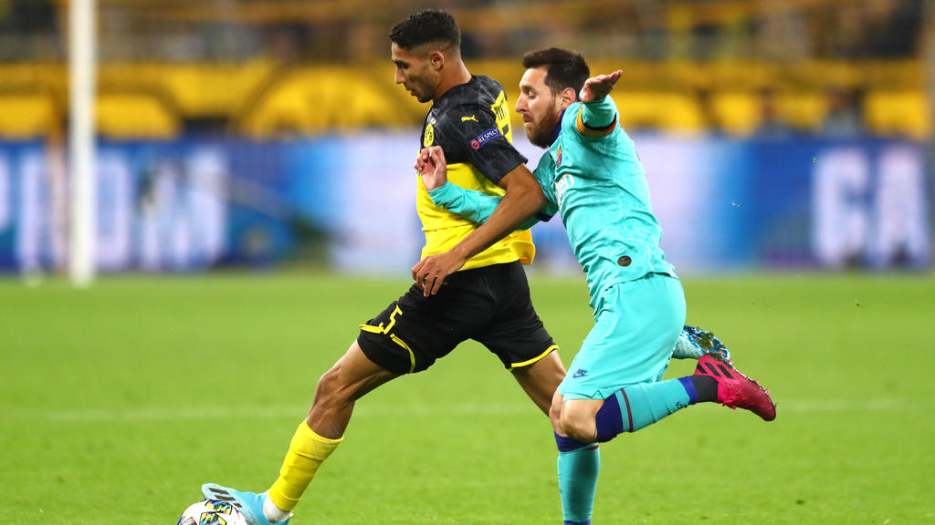 BVB-Verteidiger Achraf Hakimi (l.) im Duell mit Lionel Messi