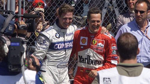Seldom before has Michael Schumacher (r.) celebrated second place as exuberantly as in Montréal 2001