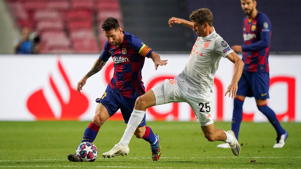 Thomas Müller traf 2020 zum letzten Mal auf Lionel Messi (l.) im Barca-Trikot Thomas Müller traf 2020 zum letzten Mal auf Lionel Messi (l.) im Barca-Trikot