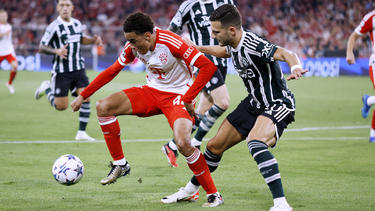 Jamal Musiala (l.) tritt mit dem FC Bayern erneut gegen Manchester United an
