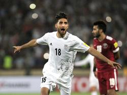 Alireza Jahanbakhsh kan juichen tijdens het WK-kwalificatieduel Iran - Qatar (01-09-2016).