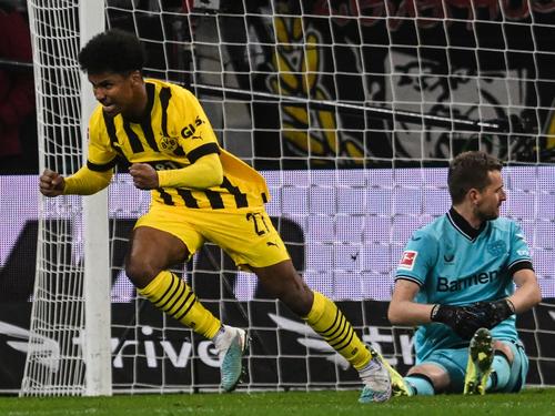 BVB-Star Karim Adeyemi feiert seinen Treffer zum 0:1 gegen Leverkusen