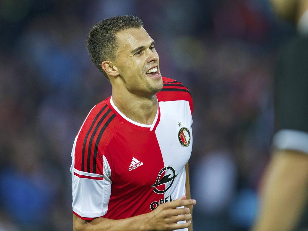 Mitchell te Vrede is blij met de 1-0 tijdens Feyenoord - Zorya Lugansk. (28-8-2014)