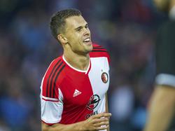 Mitchell te Vrede is blij met de 1-0 tijdens Feyenoord - Zorya Lugansk. (28-8-2014)