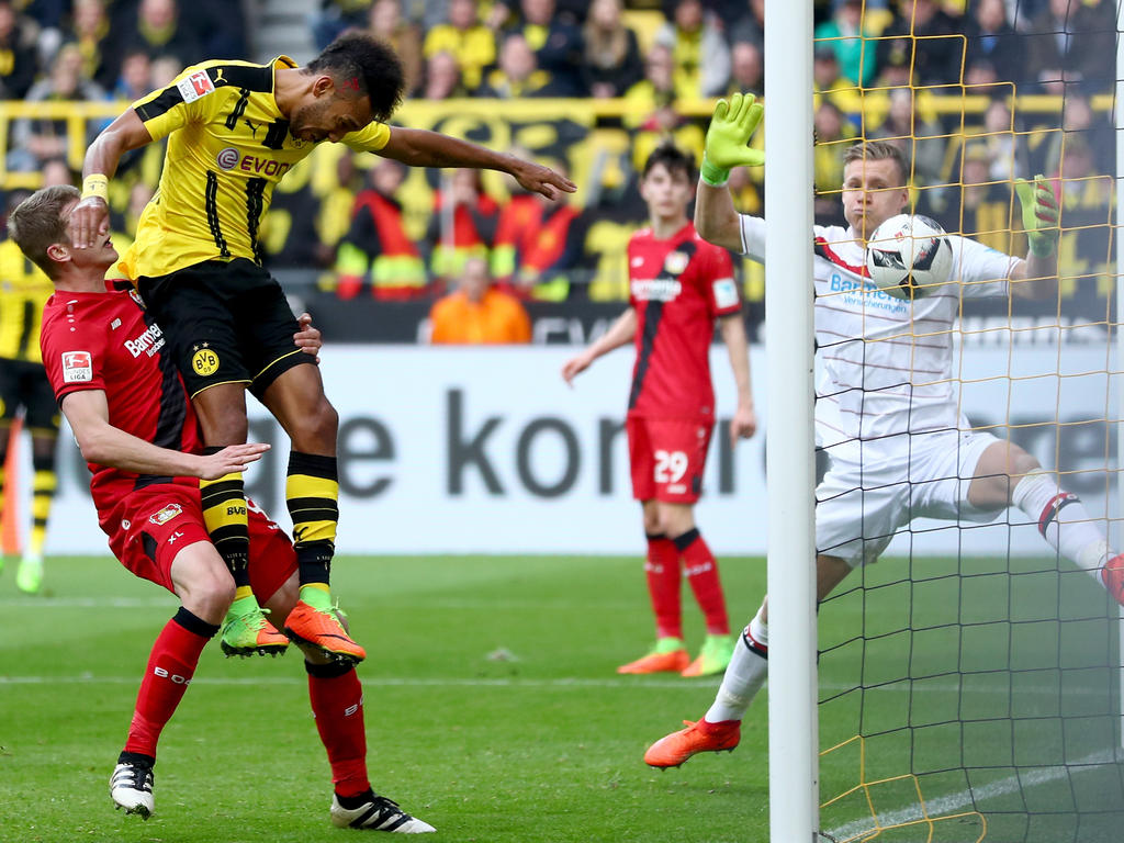 Dortmunds Pierre-Emerick Aubameyang köpft den Ball ins Bayer-Tor