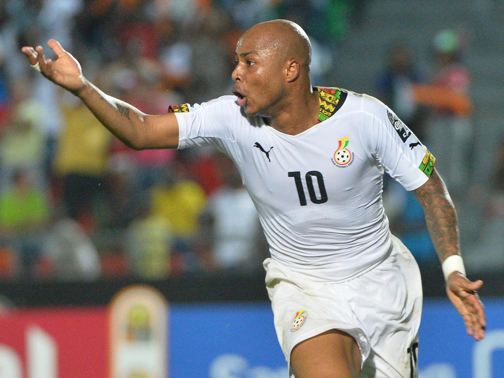 André Ayew viert een doelpunt van Ghana tegen Zuid-Afrika op de Afrika Cup. (27-01-2015)