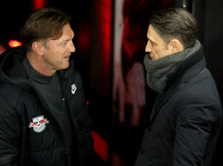 RB-Coach Ralph Hasenhüttl (li.) und SGE-Coach Niko Kovac diskutierten vor dem Spiel