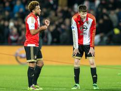Feyenoord pakt het eerste punt van 2016, maar slaagt er niet in om Roda JC te verslaan. Tonny Vilhena (l.) en Michiel Kramer (r.) balen van het 1-1 gelijkspel. (21-02-2016)