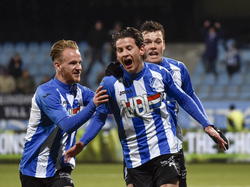 Joey Sleegers viert zijn doelpunt tegen NEC. De aanvaller van FC Eindhoven zette zijn ploeg op 1-0 (16-01-2015).