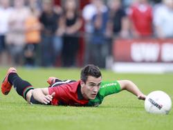 Daan Disveld ligt op de grond tijdens de oefenwedstrijd Roda '28 - NEC Nijmegen. (13-07-2014)